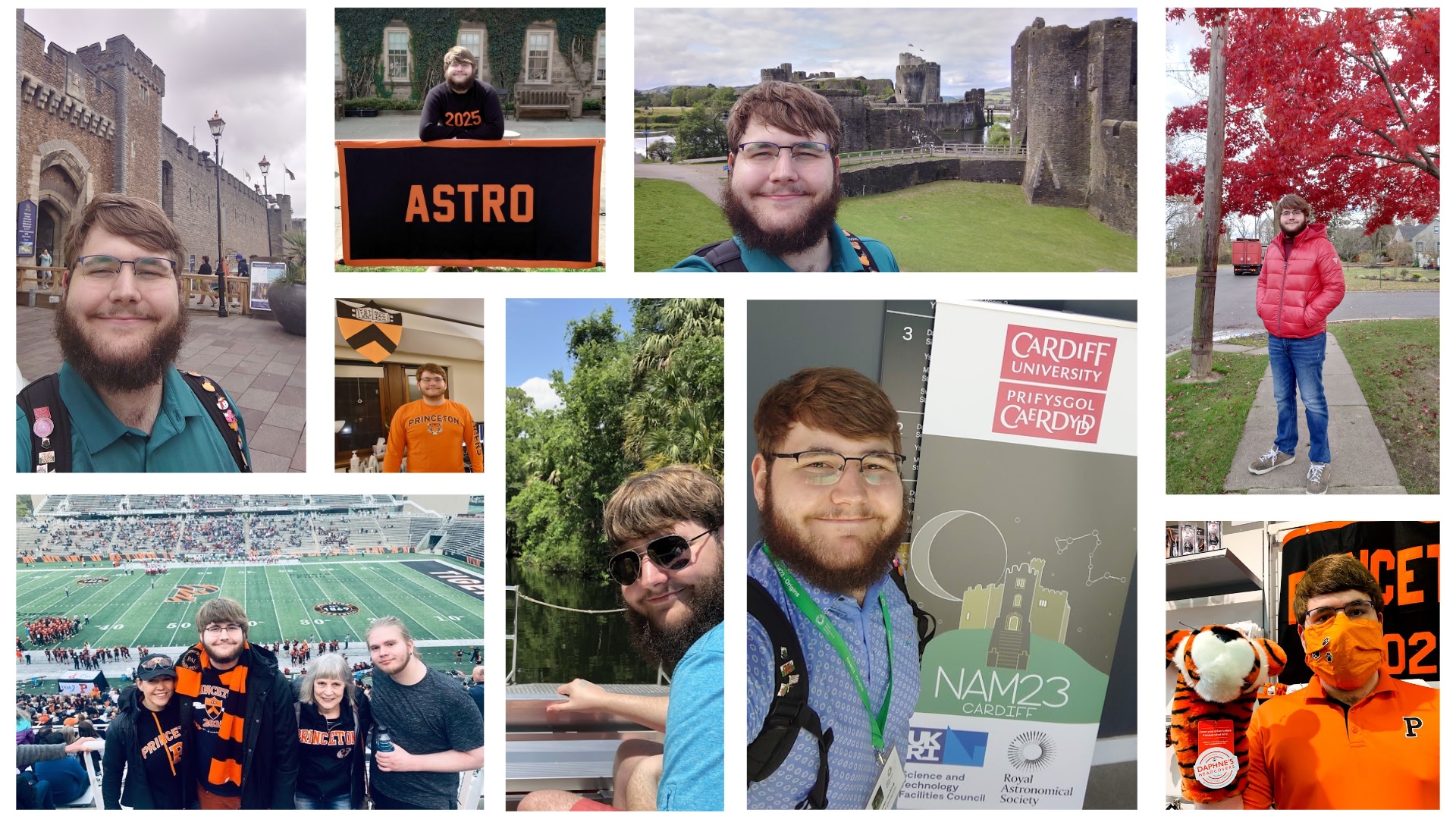 A collage of photos with Xander Jenkin in front of Castles, a red autumn tree, in a boat going through a lake, and at Princeton University